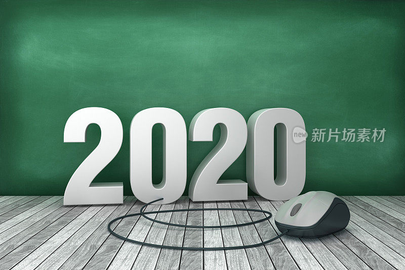 3D Word 2020与电脑鼠标在黑板上的背景- 3D渲染